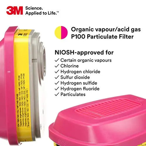 3M P100 Respirator Cartridge/Filter 60923, 1 Pair, Helps Protect Against Organic Vapors, Acid Gases, and Particulates,Magenta, Yellow 3M